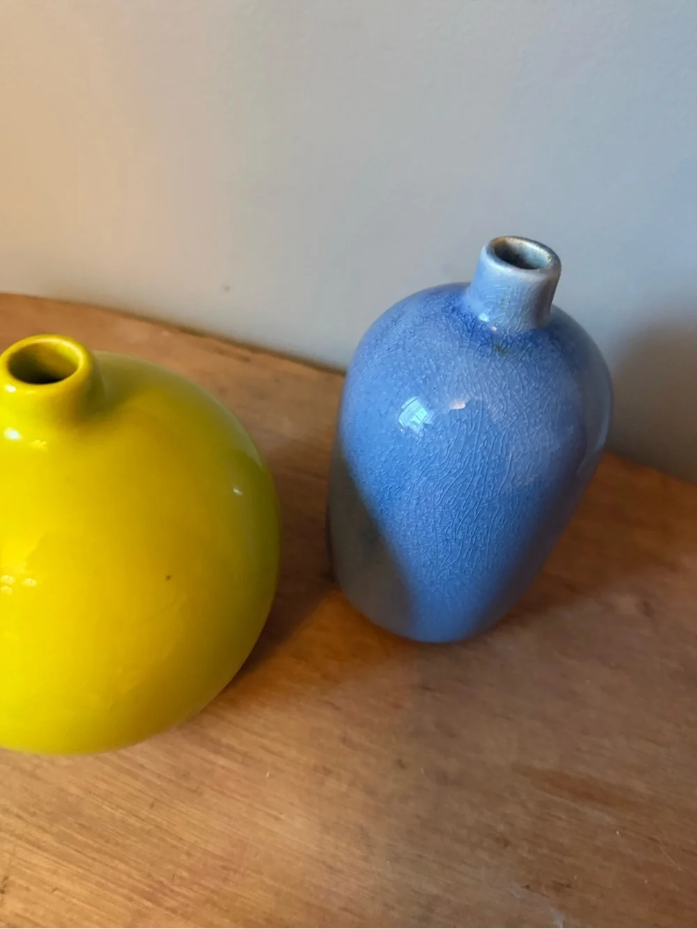 Crate & barrel set of two Perry green  Bud Vase and tall blue Textured Vase